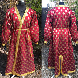 "sultan" style coat based on historical norse coat patterns, made of banarasi art silk with gold trim