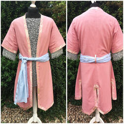 Pastel pink jacket with short sleeves and brocade trim, lined with cotton. Belt my own.